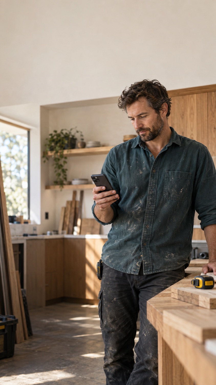 Illustration of a tradesperson checking their phone in a workshop