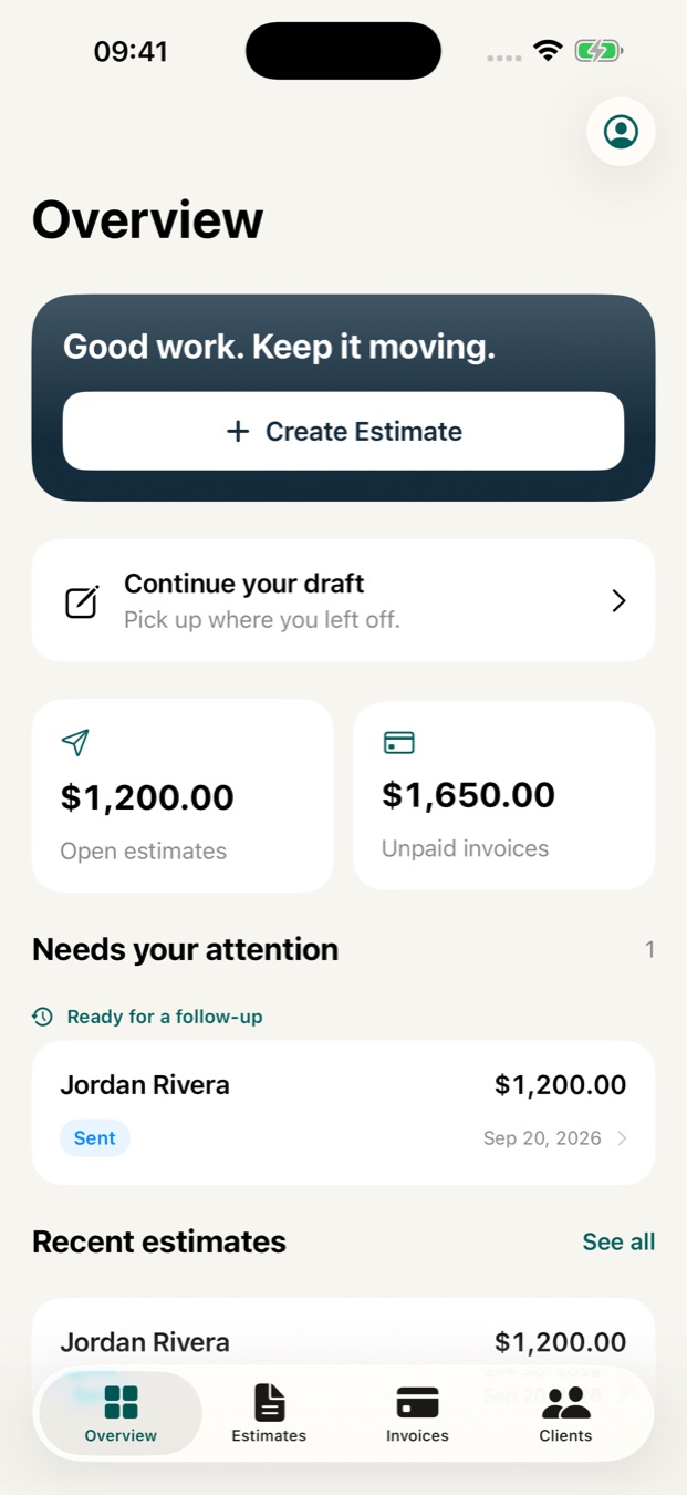 BidBuddy overview showing open estimates, unpaid invoices and a follow-up reminder