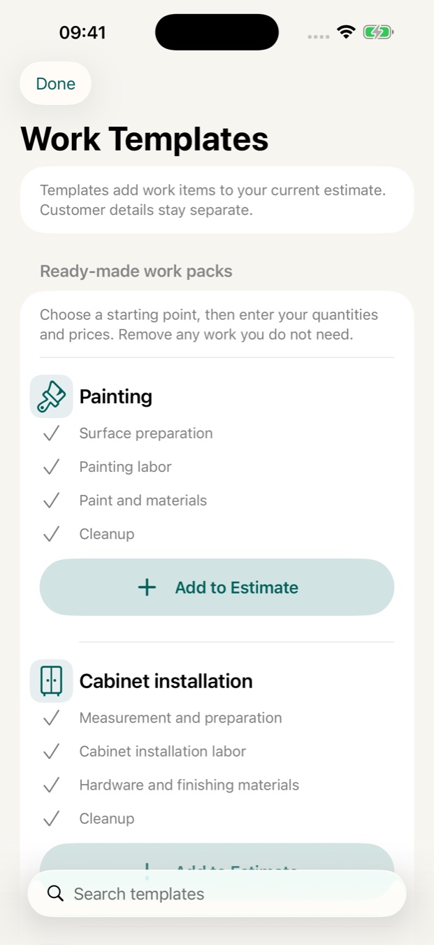 BidBuddy starter work packs for painting, cabinets, repairs and cleaning